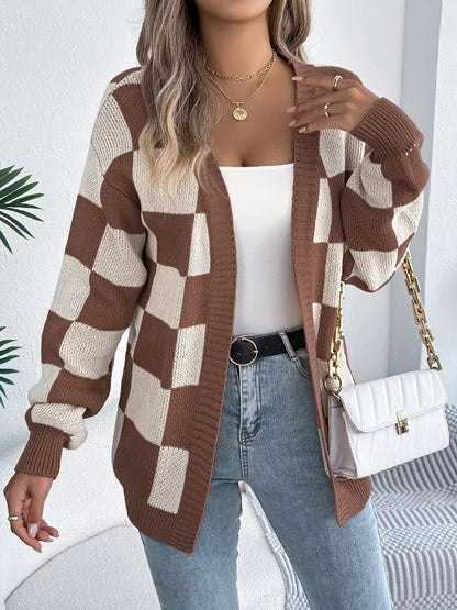 Checkered Pattern Open Front Cardigan Brown