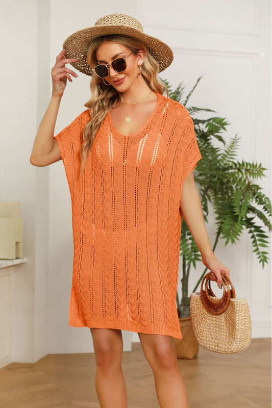 Openwork Side Slit Knit Dress Orange One Size