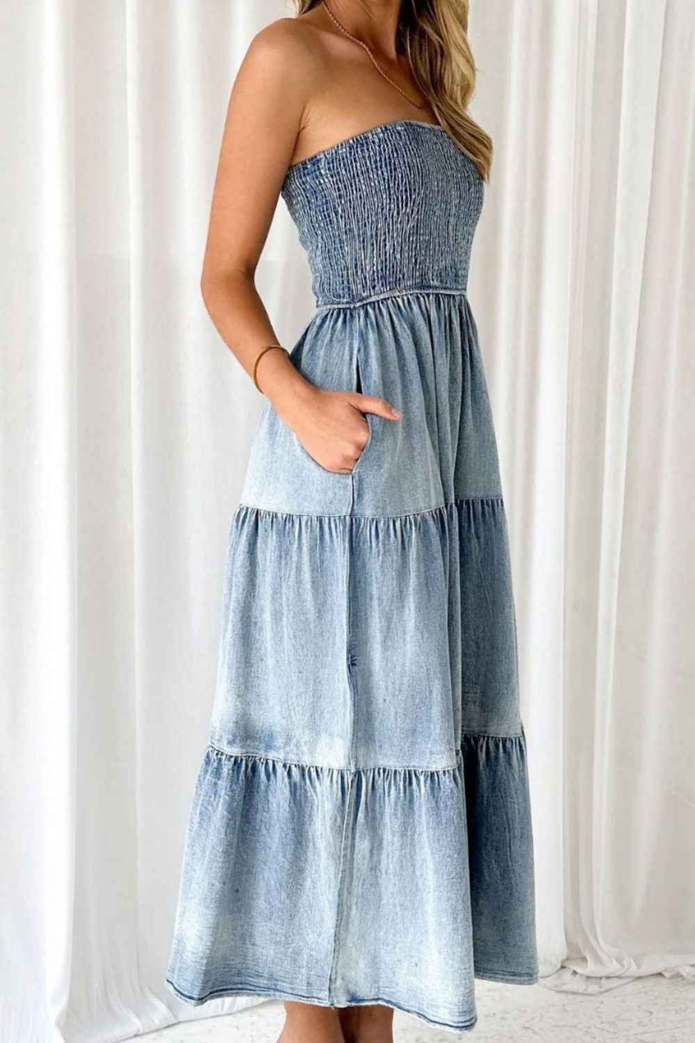 Smocked Tube Slit Tiered Denim Dress