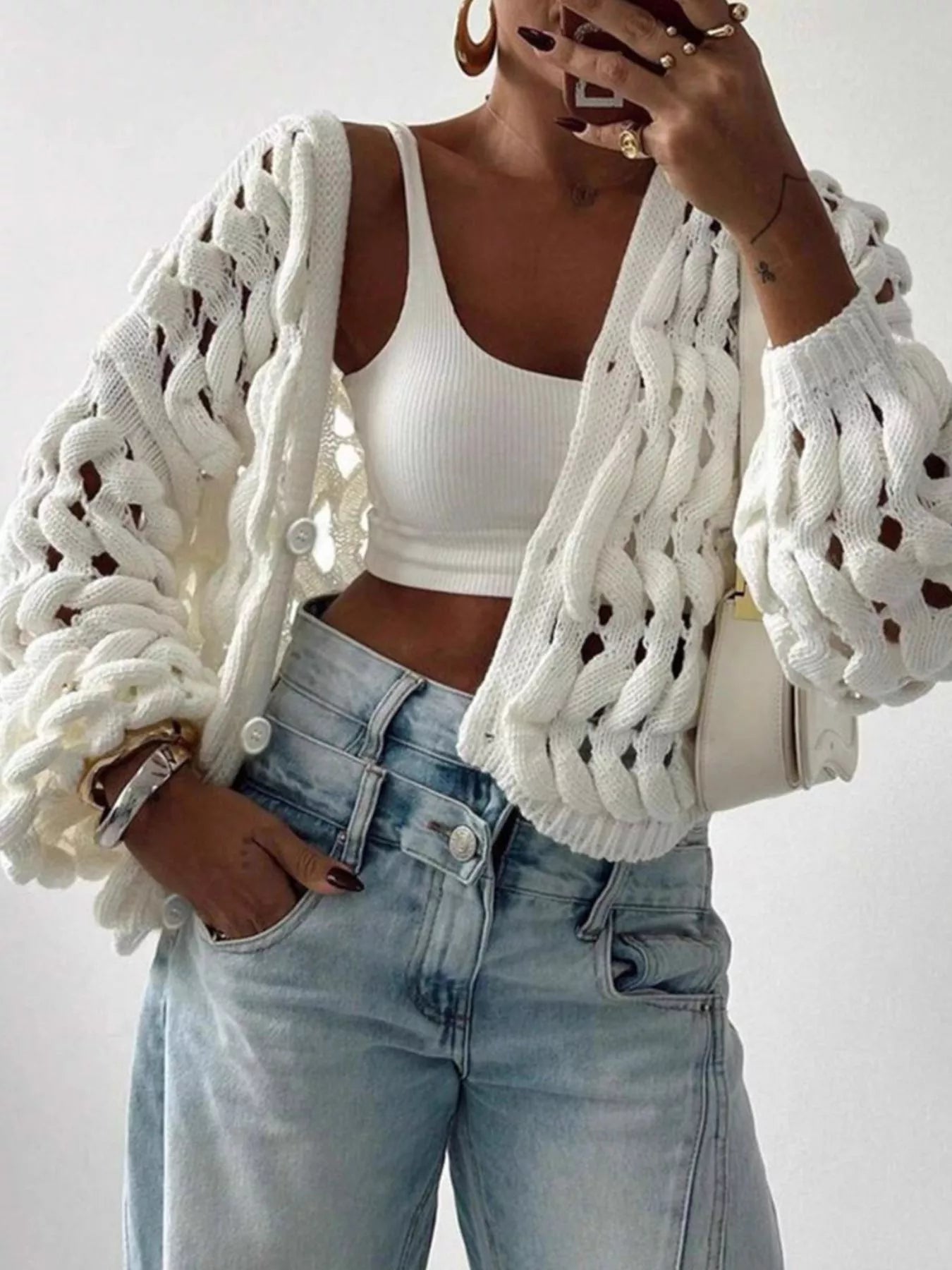Openwork Button Up V-Neck Cardigan