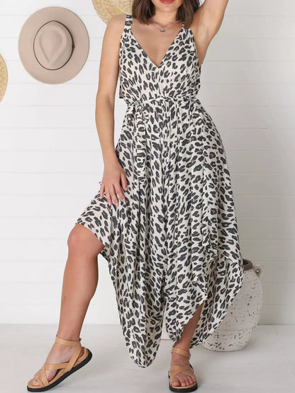 Full Size Leopard Print V-Neck Wide Leg Jumpsuit Plus Size White
