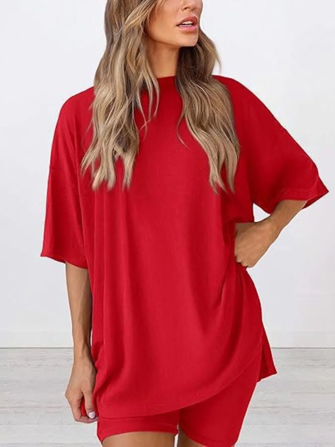 Full Size Oversized Slit Round Neck Top and Shorts Lounge Set Plus Size Red