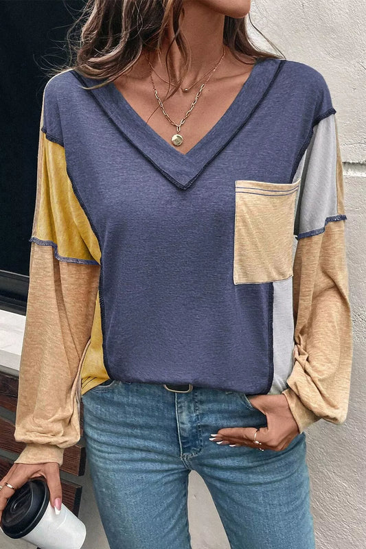 Color Block V-Neck Long Sleeve T-Shirt Dusty Blue