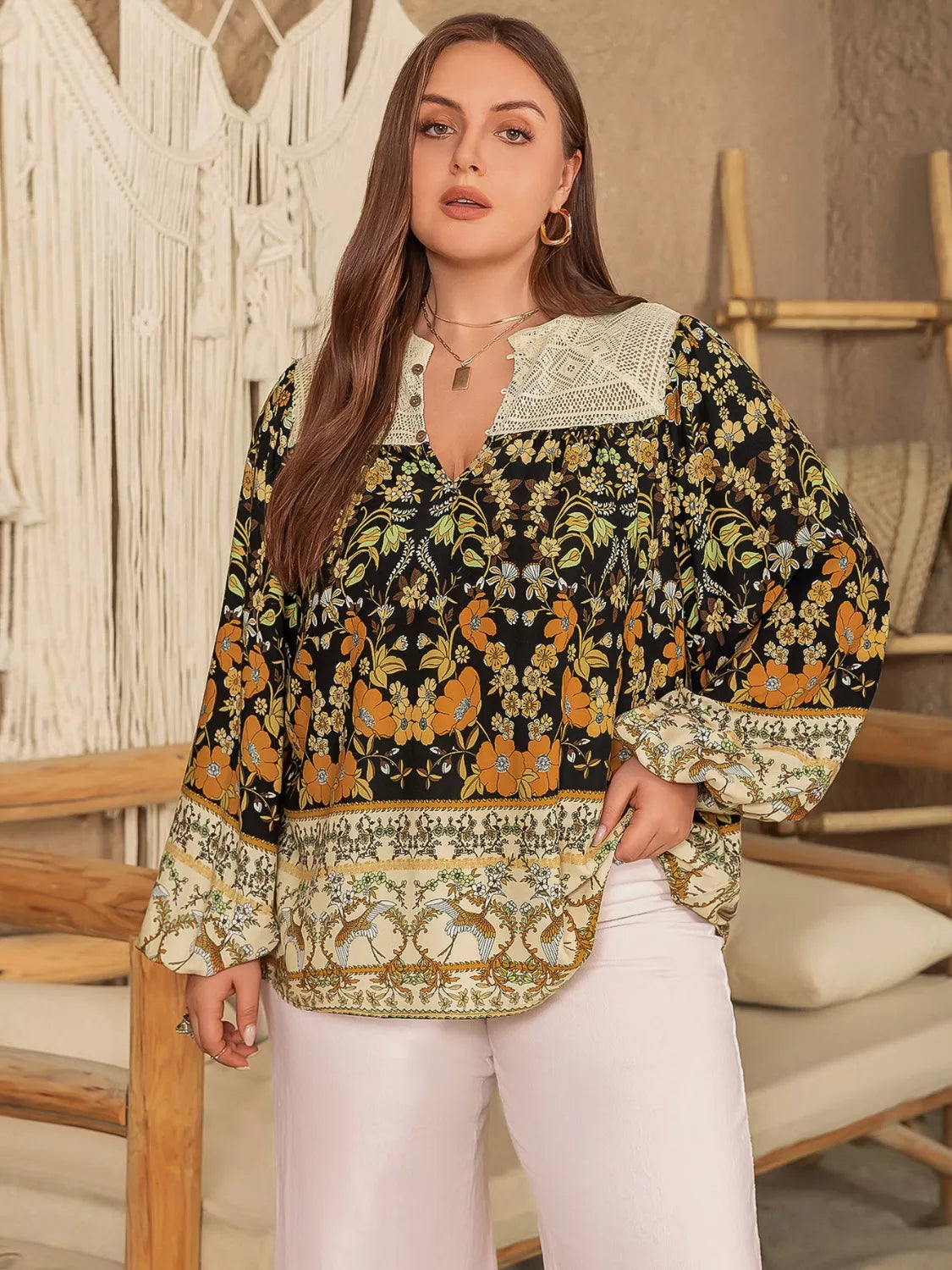 Plus Size Floral Print Notched Blouse Black