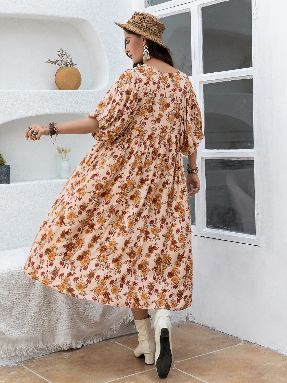 Back-to-School Plus Size Printed Tie-Neck Midi Dress