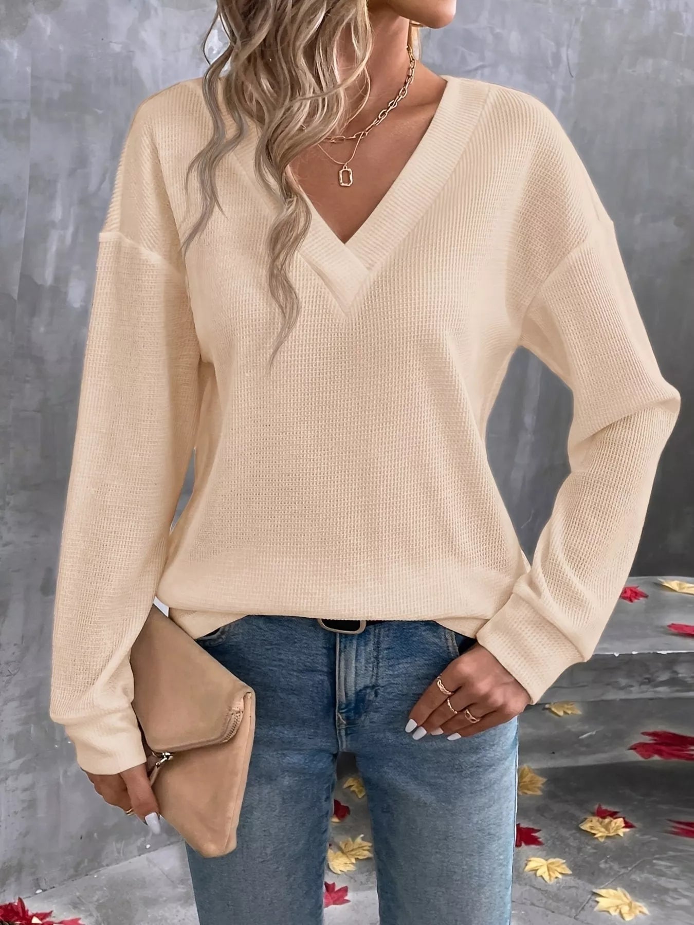 Plus Size V-Neck Long Sleeve Waffle Knit T-Shirt