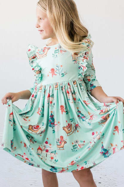 Believe in Your Elf 3/4 Sleeve Ruffle Twirl Dress