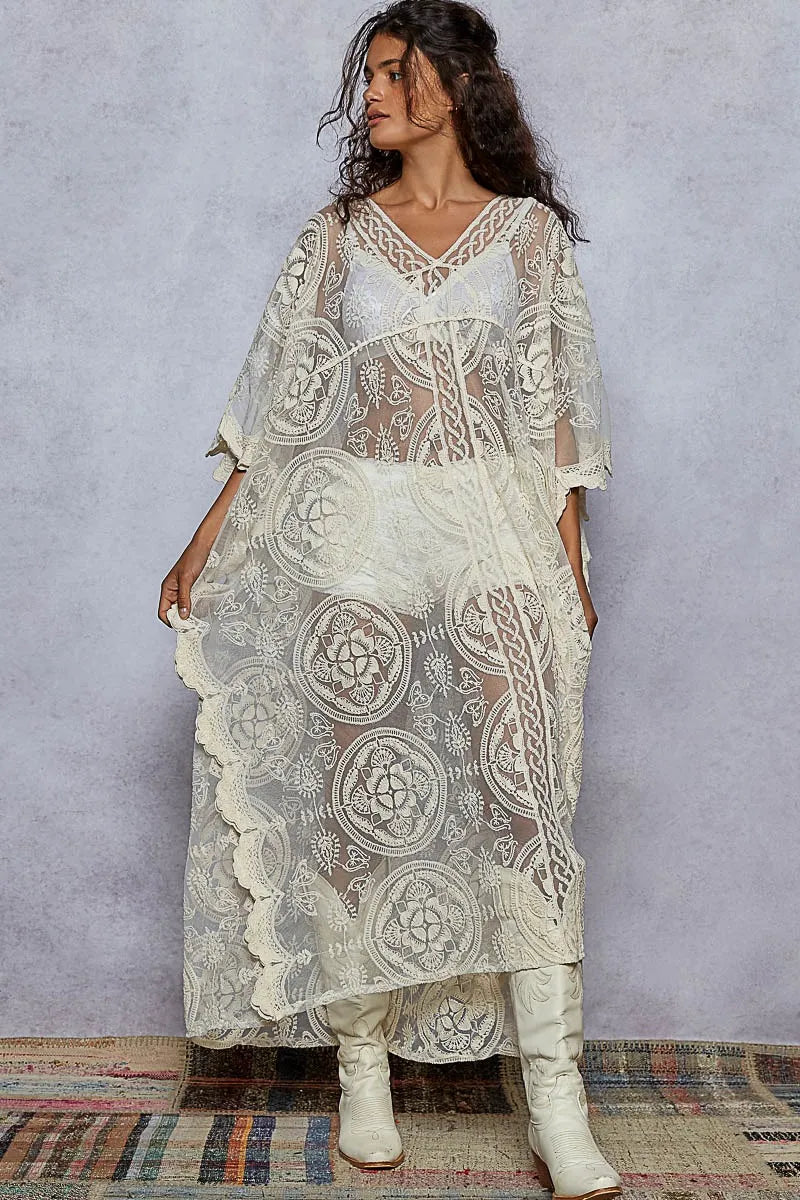 POL Lace Embroidered Beach Cover Up Kaftan Cream One Size