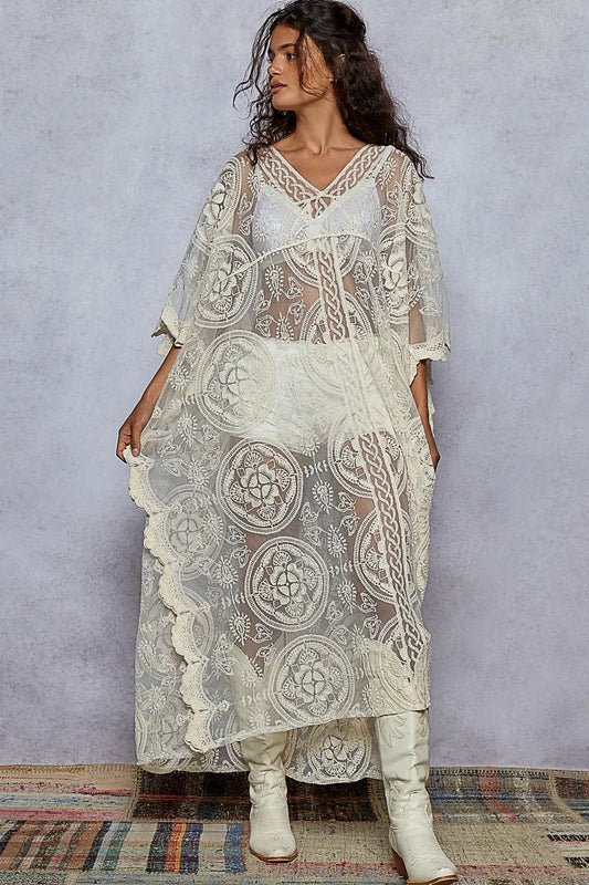POL Lace Embroidered Beach Cover Up Kaftan Cream One Size