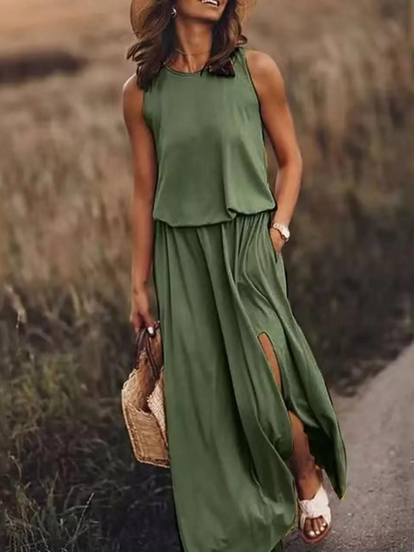 Full Size Round Neck Sleeveless Slit Maxi Dress Plus Size Dark Green
