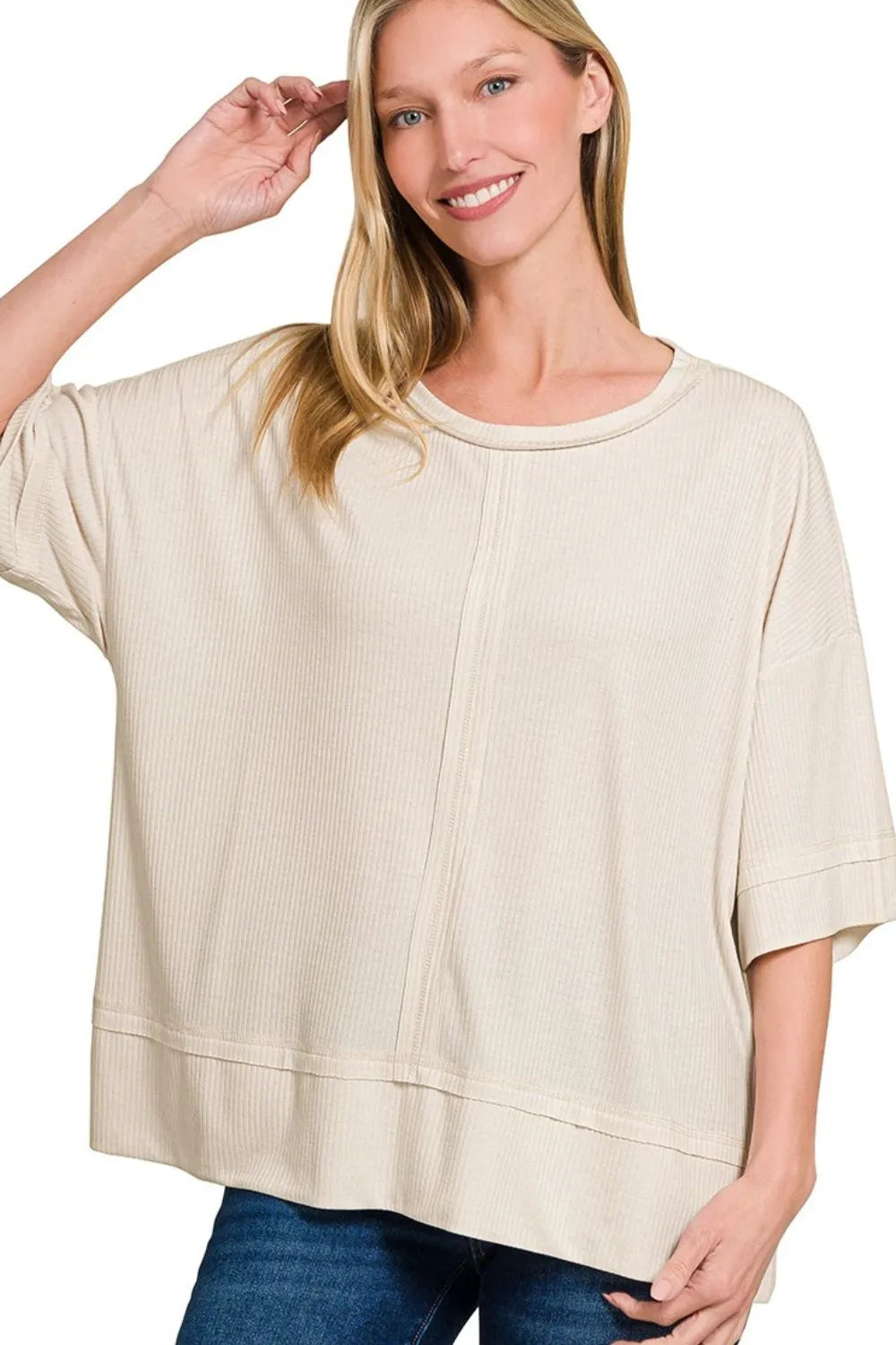 Zenana Ribbed Boat Neck 3/4 Sleeve Top SAND BEIGE