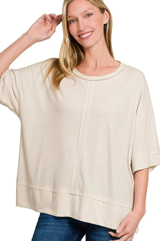 Zenana Ribbed Boat Neck 3/4 Sleeve Top SAND BEIGE