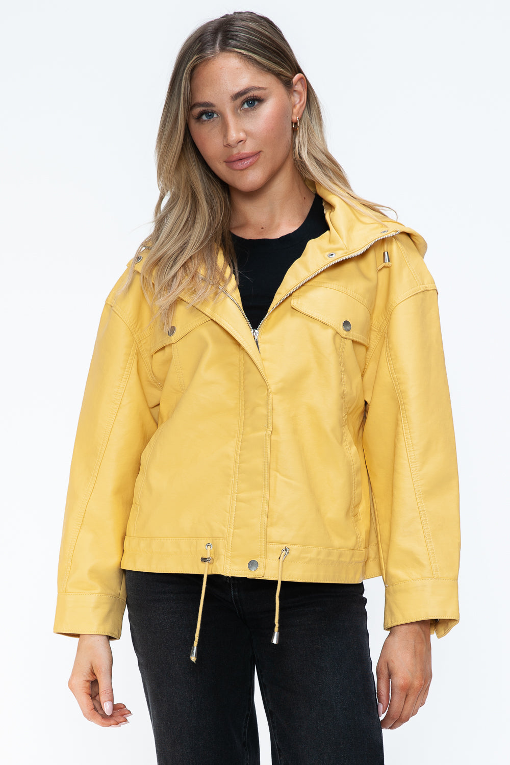 How Dare U Drawstring Hem PU Leather Zip Up Jacket Pale Yellow