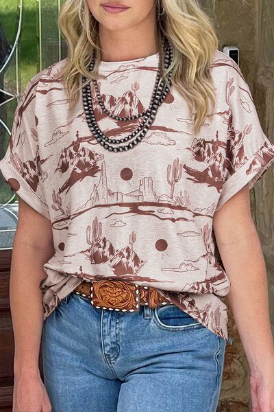 Printed Round Neck Short Sleeve T-Shirt Brown