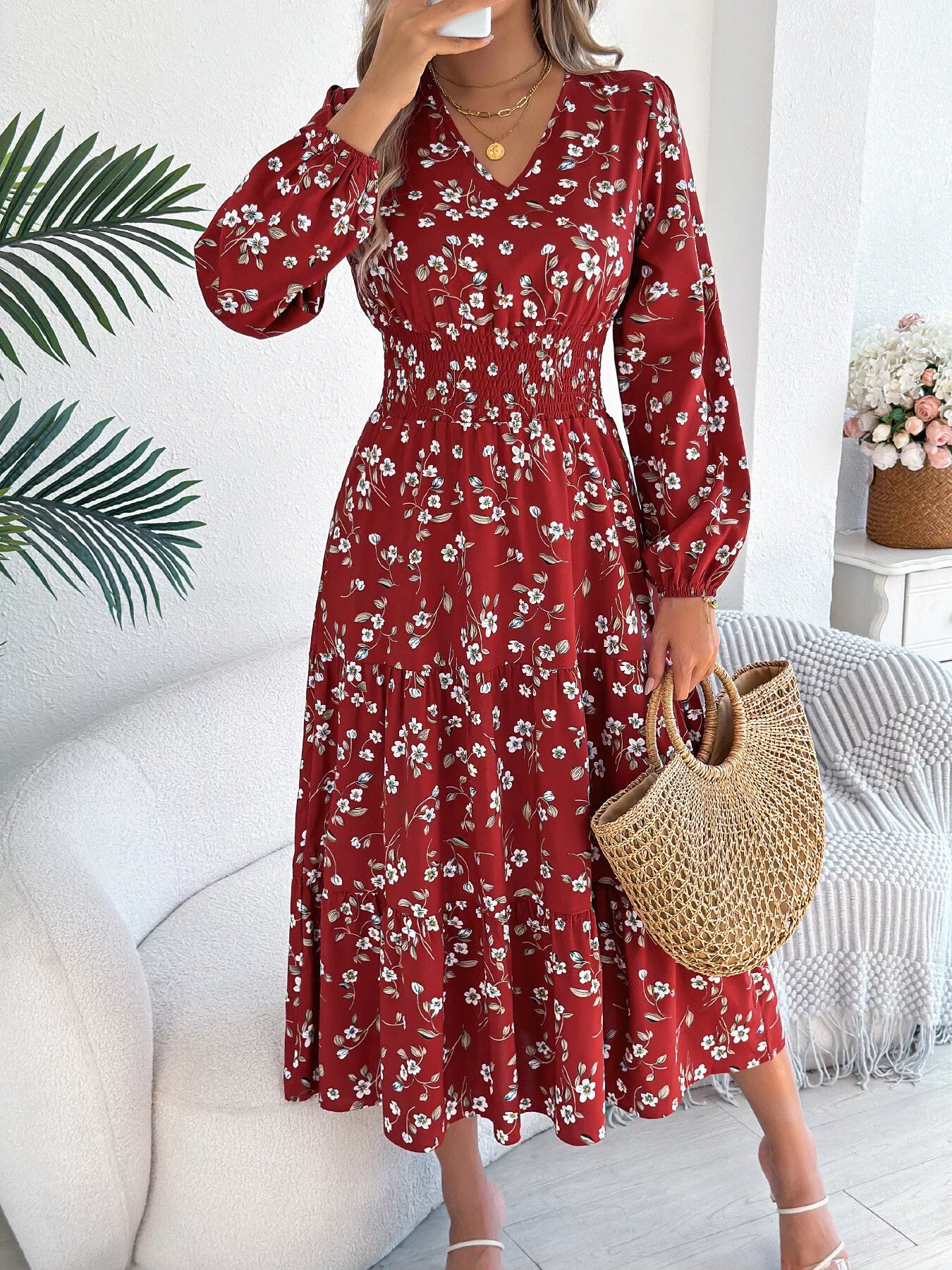 Floral Print Long Sleeve V-Neck Midi Dress