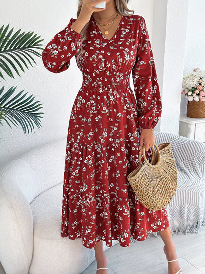 Floral Print Long Sleeve V-Neck Midi Dress