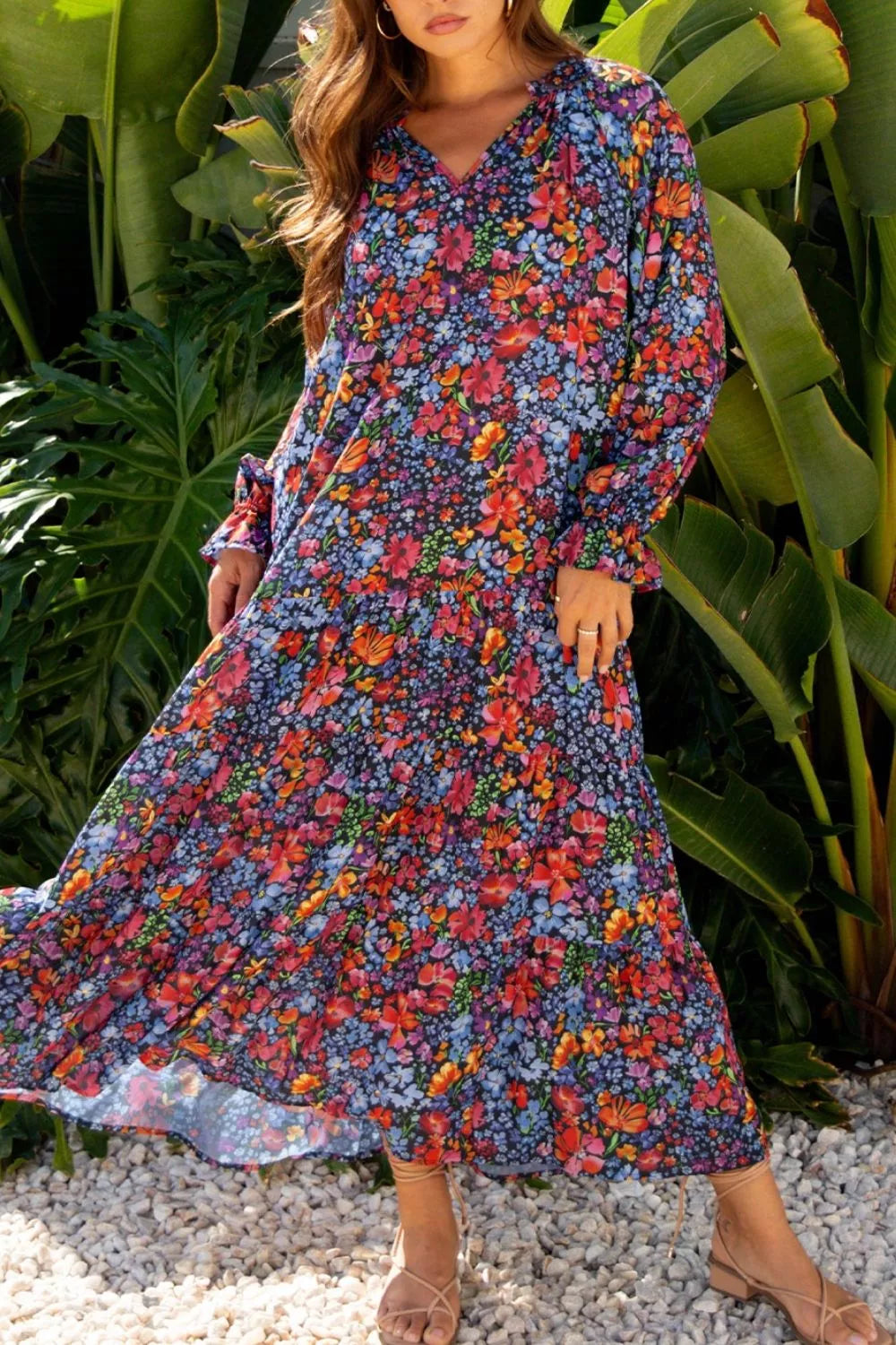 Floral Notched Flounce Sleeve Maxi Dress Floral