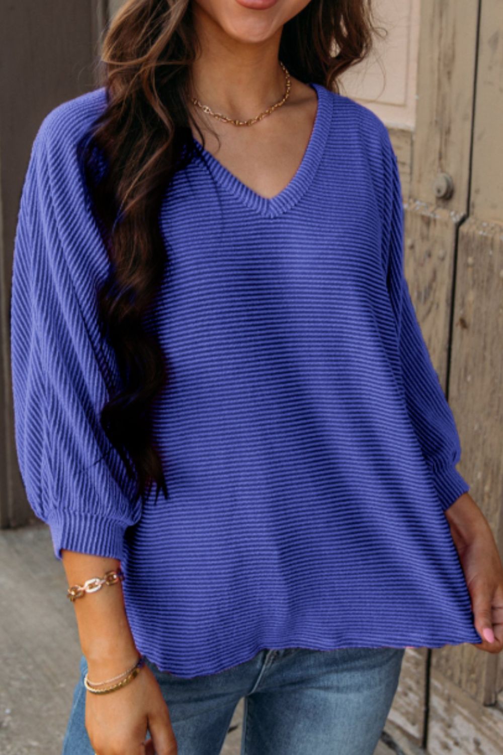 Texture V-Neck Long Sleeve Top Blue Purple