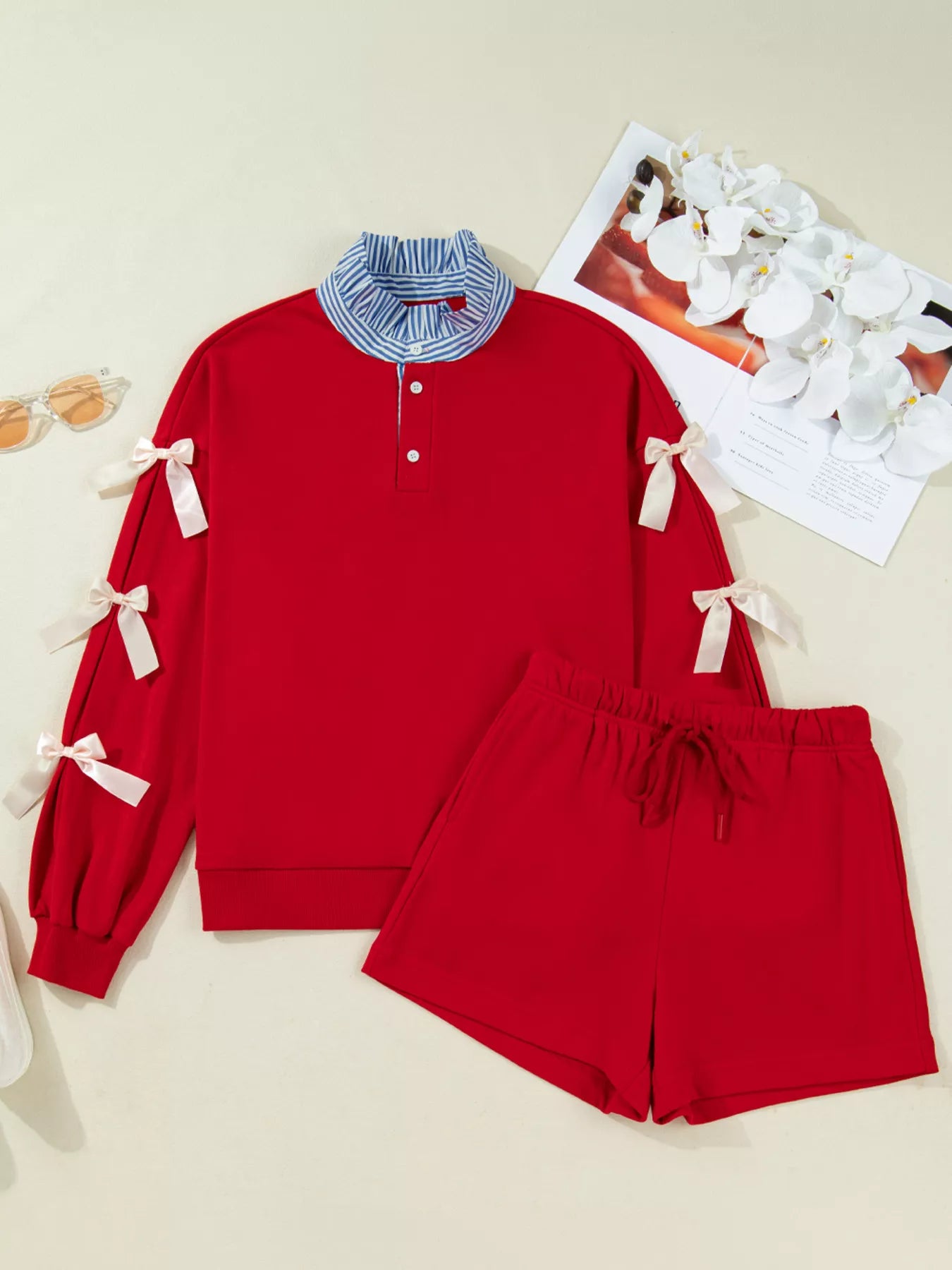 Striped Collar Patchwork Satin Bow Sweatshirt and Shorts Set