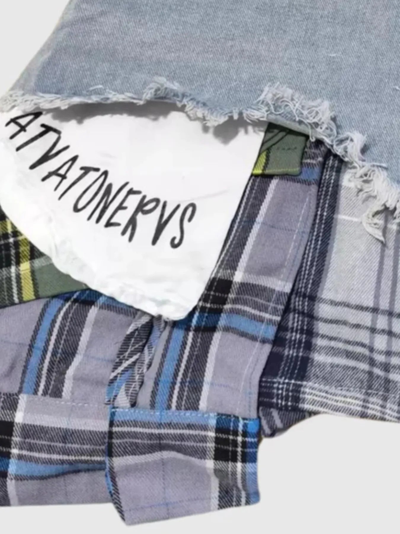 Raw Hem Denim Mini Skirt with Plaid Patch Details