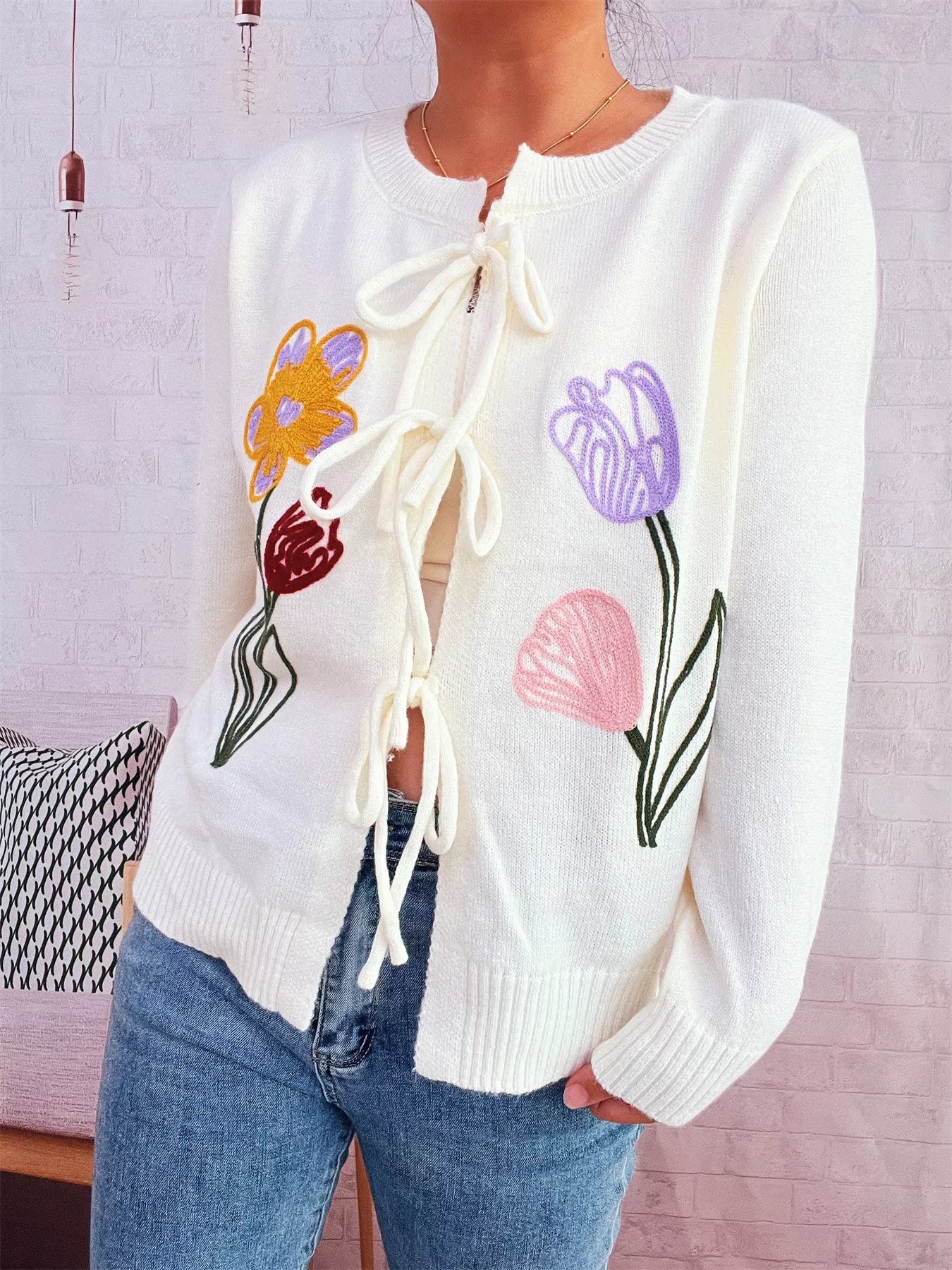 Floral Ribbed Hem Tie Front Cardigan