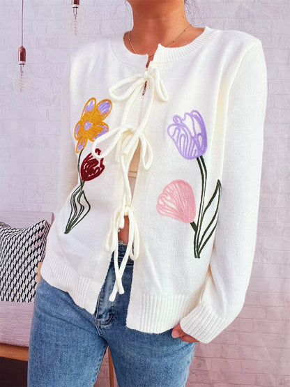 Floral Ribbed Hem Tie Front Cardigan