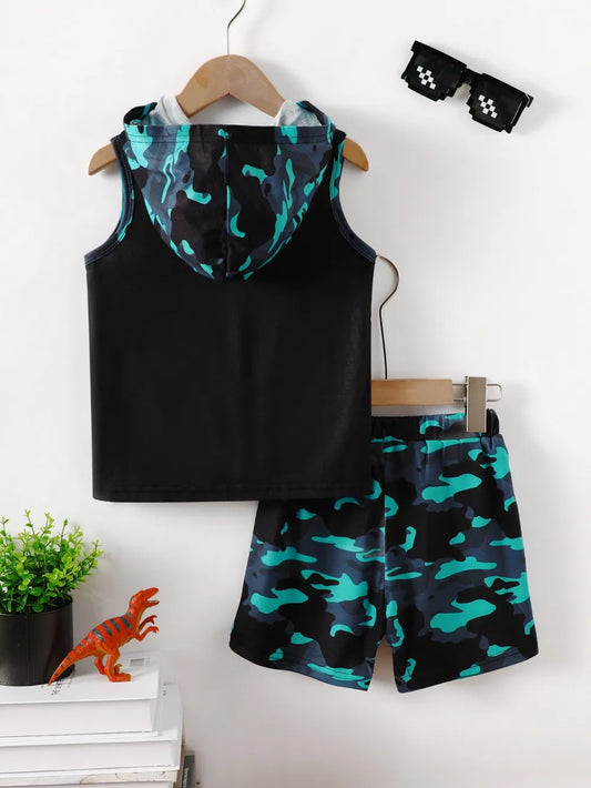 Children's Dinosaur Sleeveless Hooded Top and Pants Set