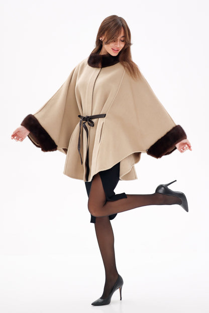 Genuine Scandinavian Mink Fur Double Face Wool Poncho Warm Sand