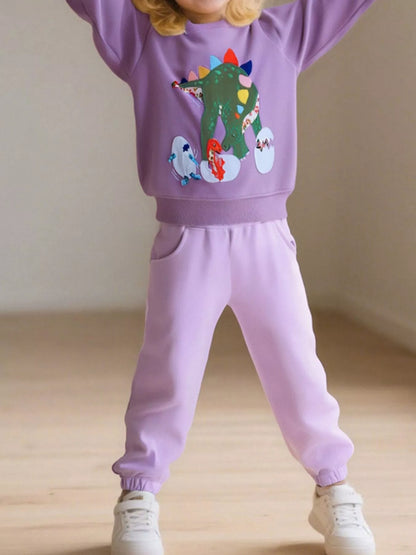 Children's Dinosaur Graphic Round Neck Sweatshirt Lavender