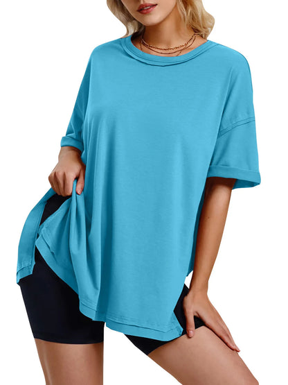 Full Size Oversized Drop Shoulder Side Slit T-Shirt Plus Size Sky Blue