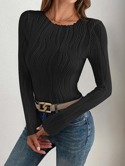 Textured Round Neck Long Sleeve Top Black