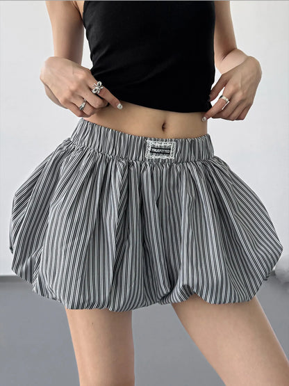 Striped Bubble Hem Casual Shorts Black