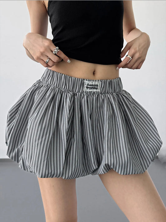 Striped Bubble Hem Casual Shorts Black
