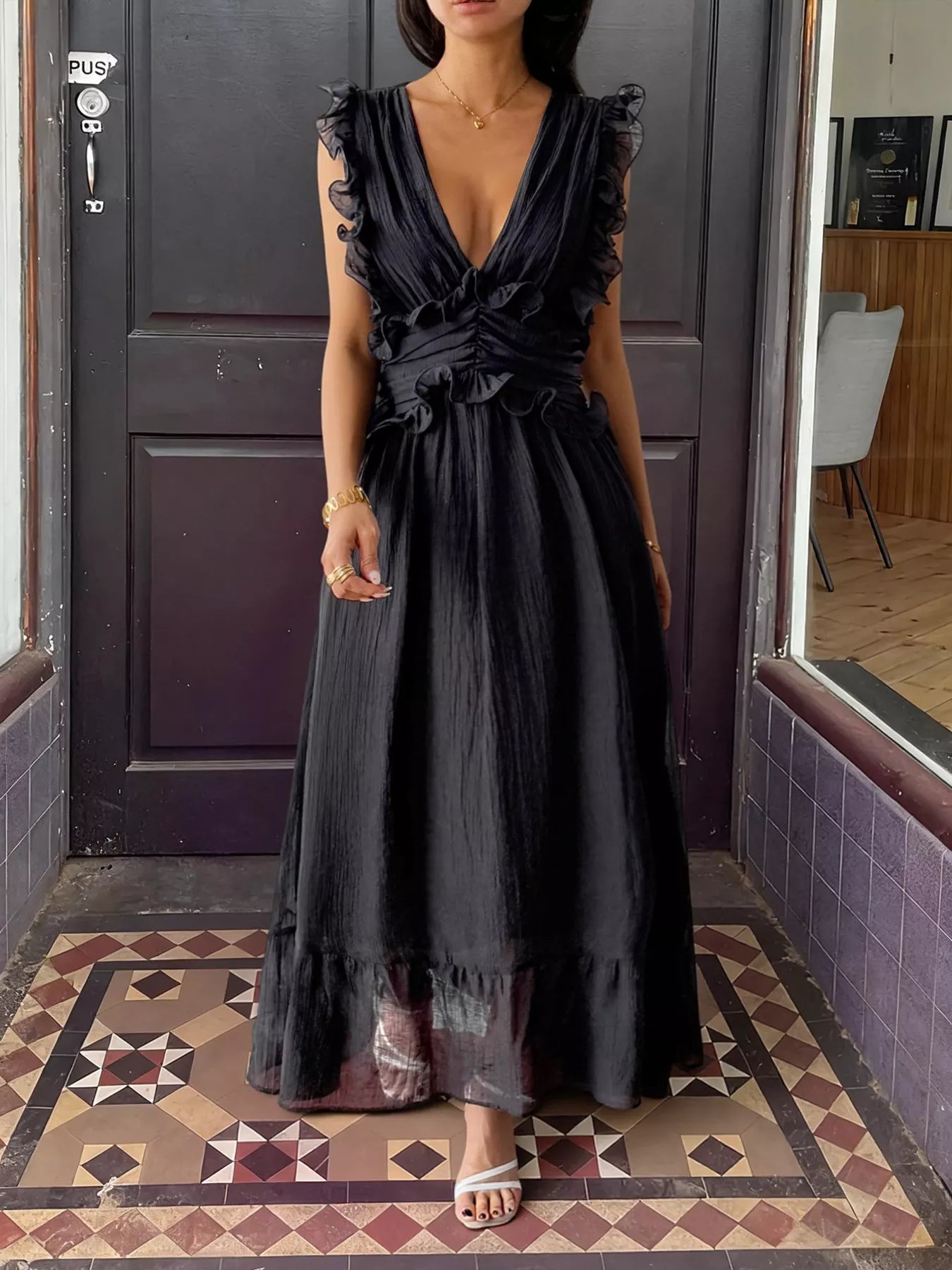 Ruffle Trim Deep V-Neck Maxi Dress