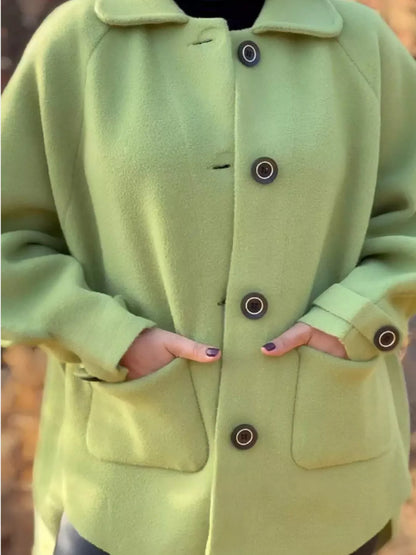 Full Size Button-Front Raglan Sleeve Coat Plus Size Light Green