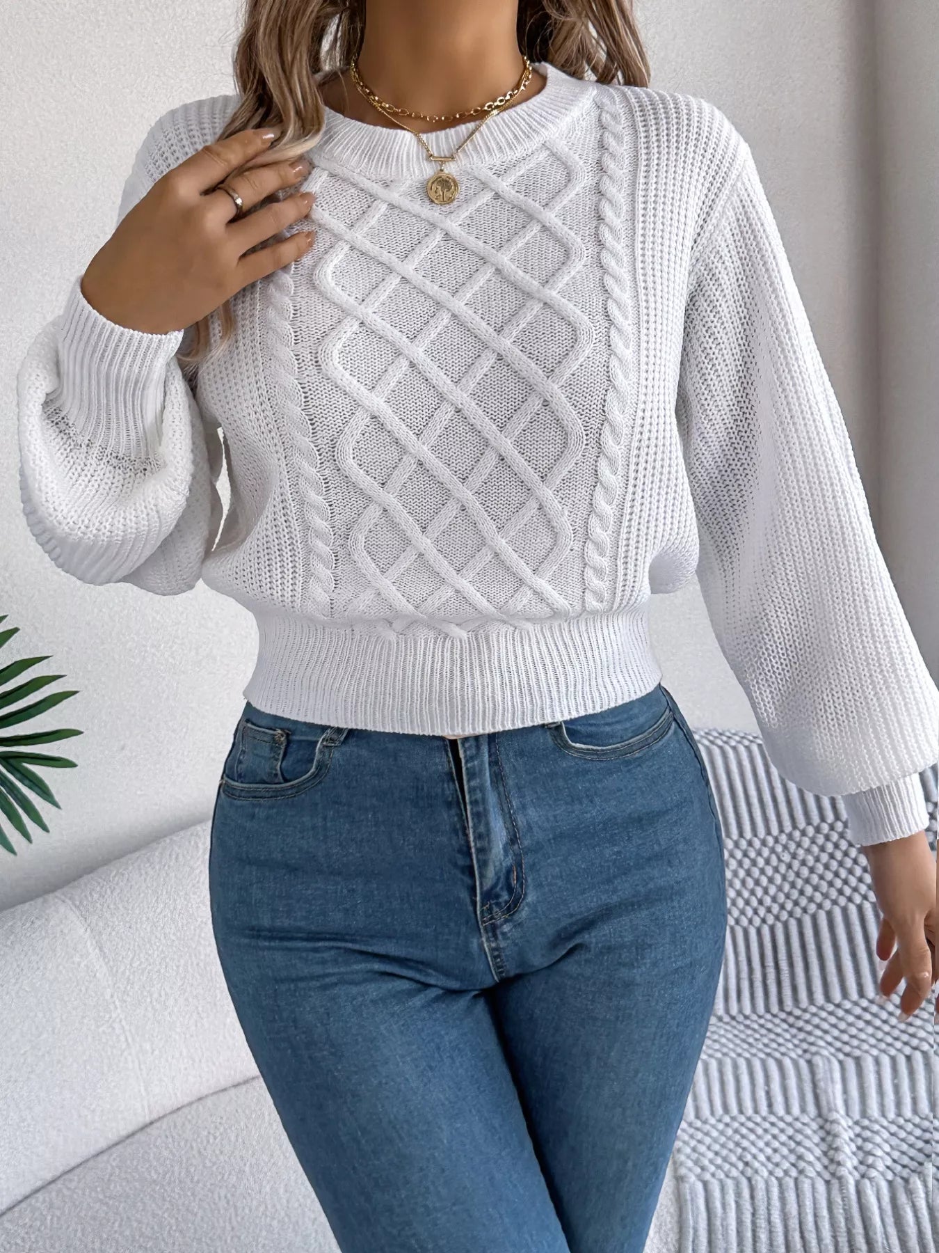 Cable Knit Diamond Pattern Long Sleeve Sweater