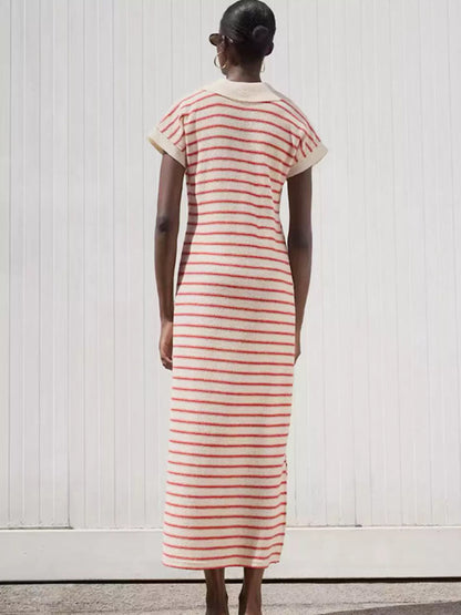Striped Slit Short Sleeve Maxi Dress