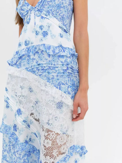 Lace Detail Ruffled Floral V-Neck Maxi Dress