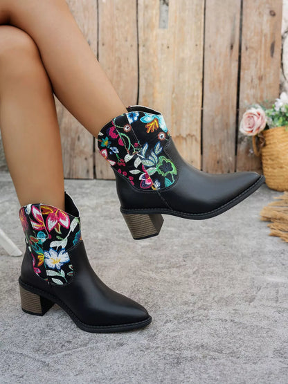 Floral Embroidered Western Ankle Boots