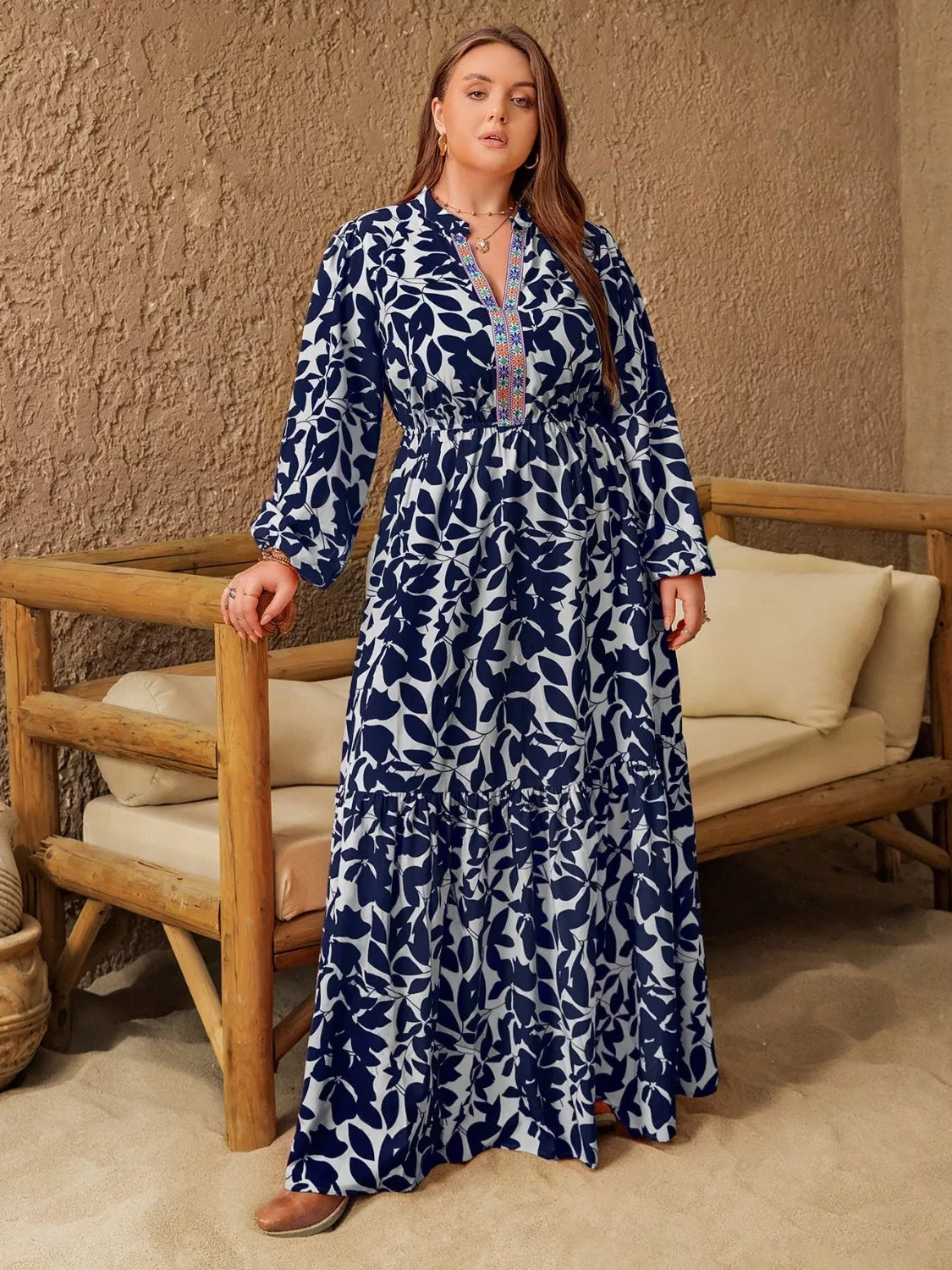 Plus Size Floral Print Notched Long Sleeve Maxi Dress