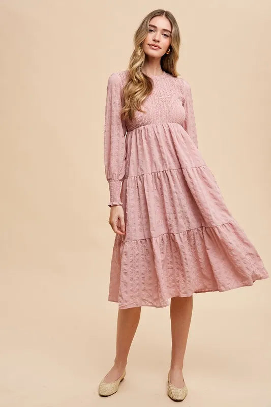 Annie Wear Textured Smocking Bodice Tiered Midi Dress MAUVE