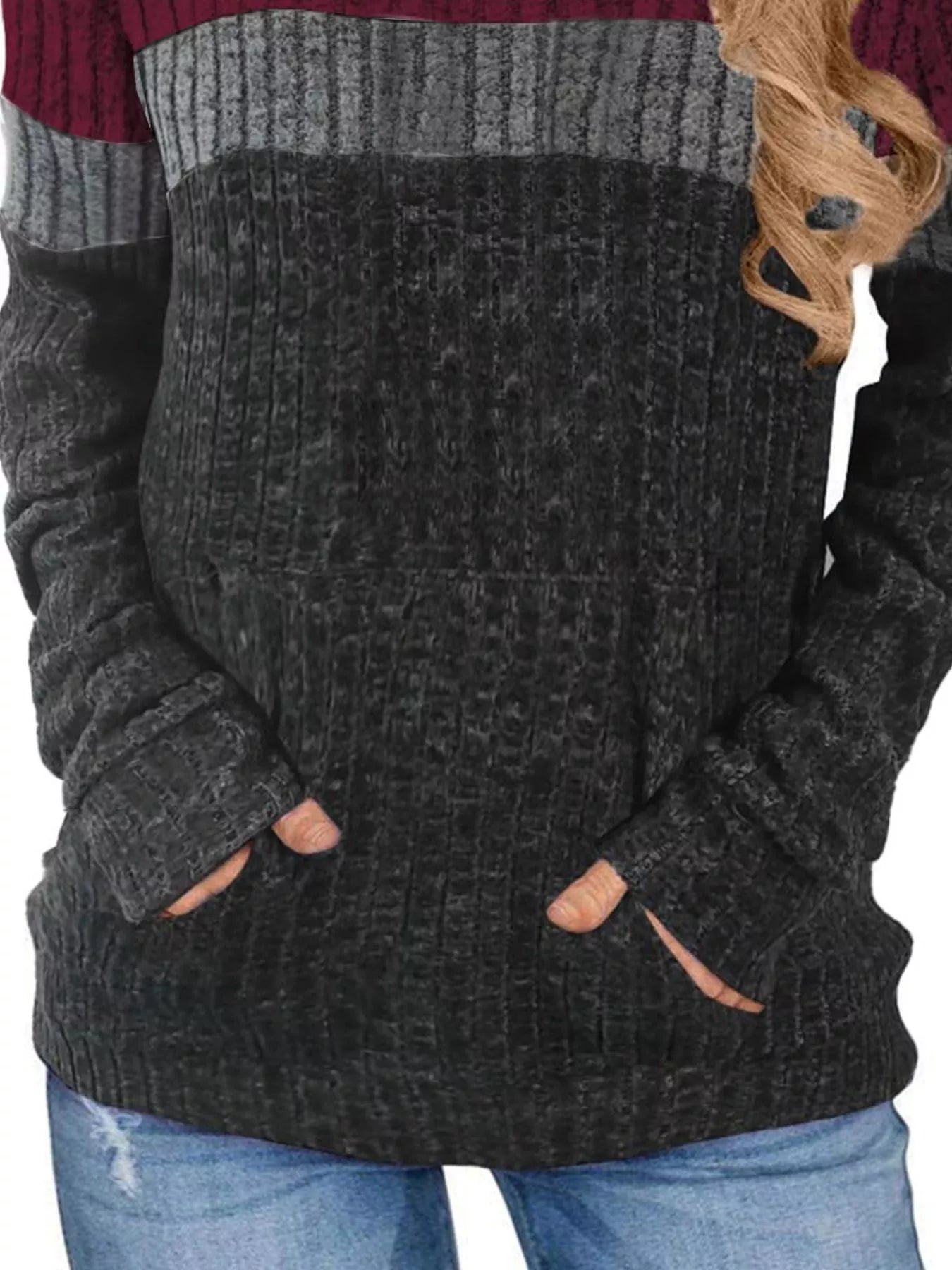 Full Size Color Block Ribbed Knit Hoodie Plus Size