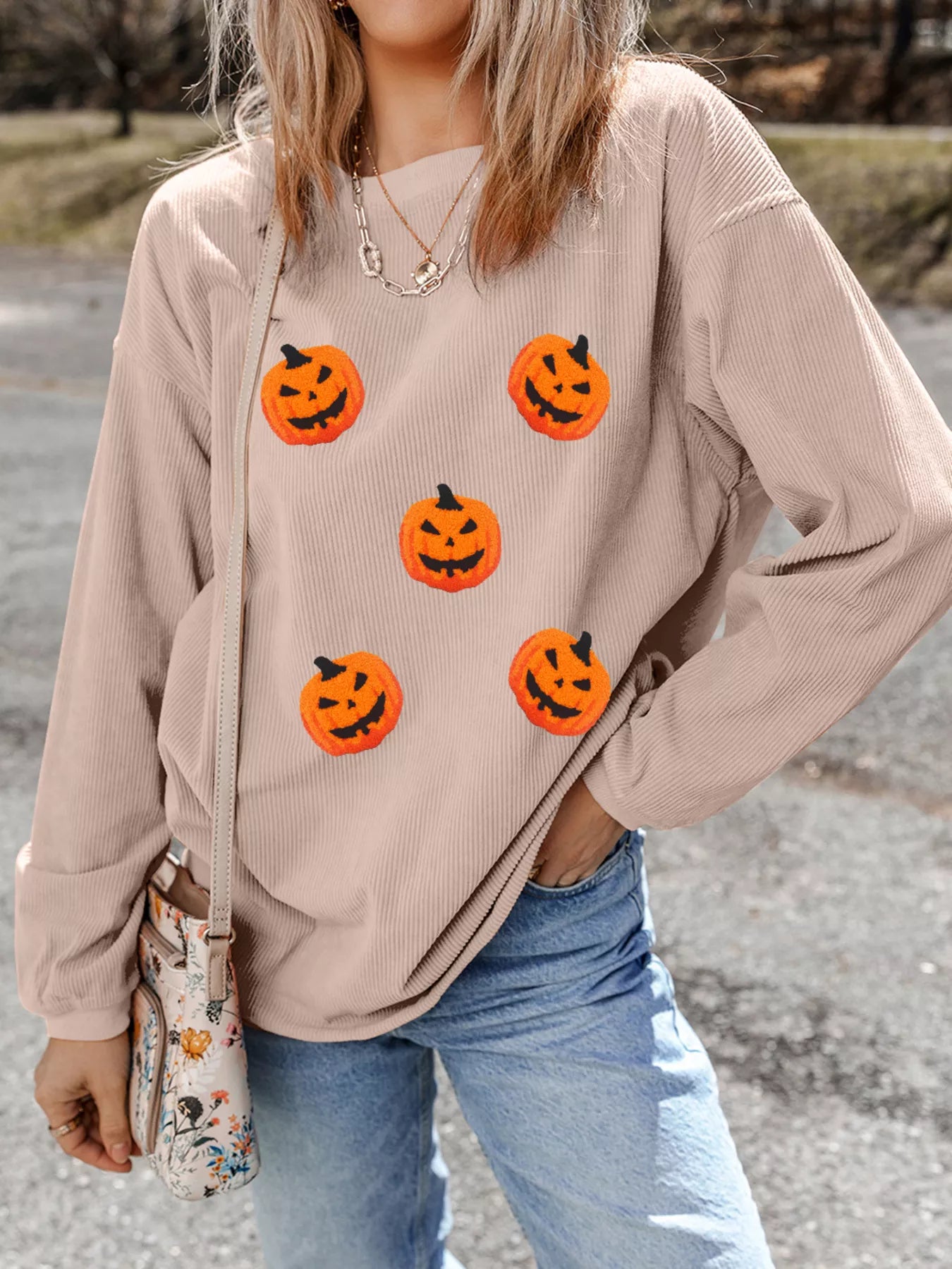 Halloween Pumpkin Drop Shoulder Sweatshirt Dust Storm