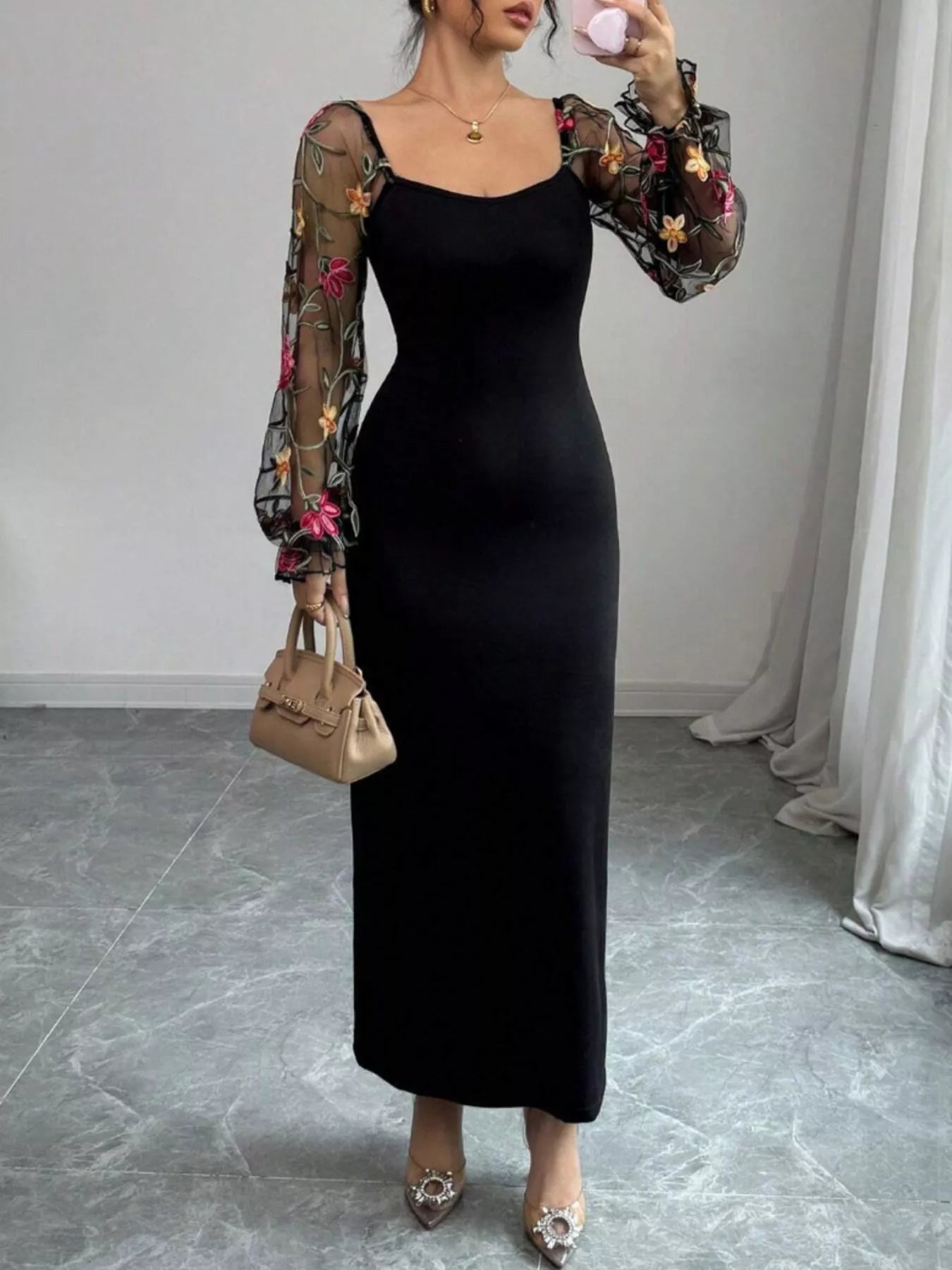 Sheer Floral Mesh Sleeves Bodycon Dress