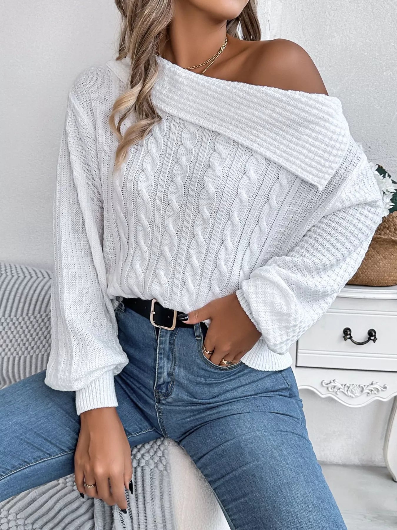 Off-Shoulder Cable Knit Sweater White