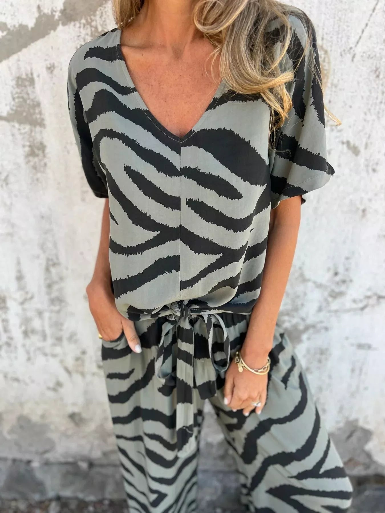 Zebra Print V-Neck Top and Pants Set