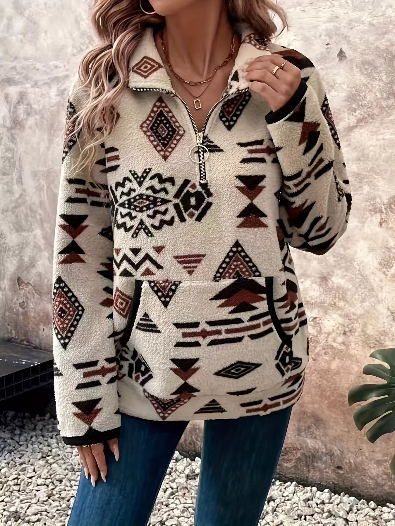 Geometric Half Zip Long Sleeve Sweatshirt