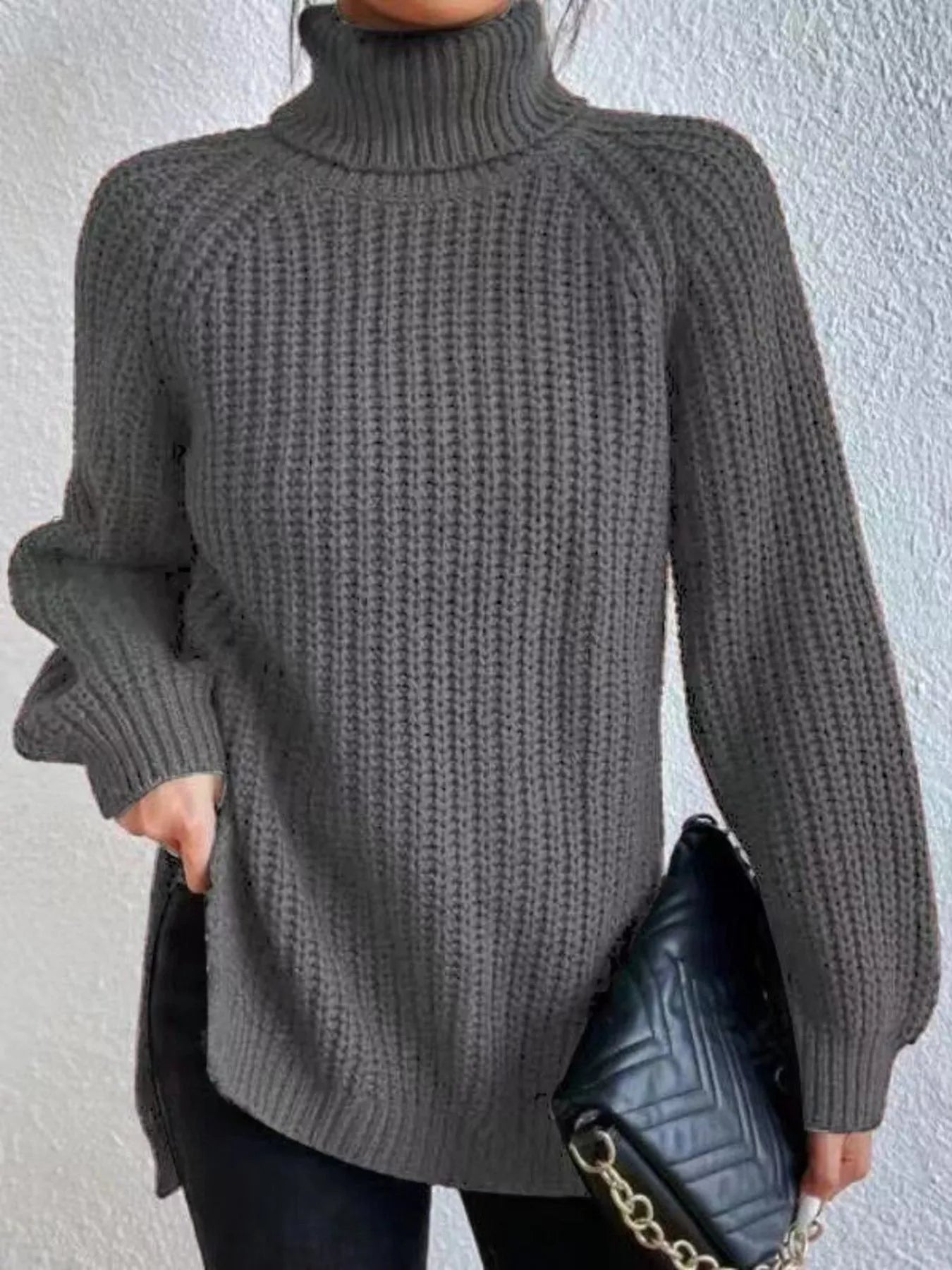 Full Size Turtleneck Long Sleeve Sweater Plus Size Dark Gray