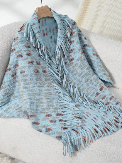 Fringe Open Front Half Sleeve Poncho Light Blue One Size