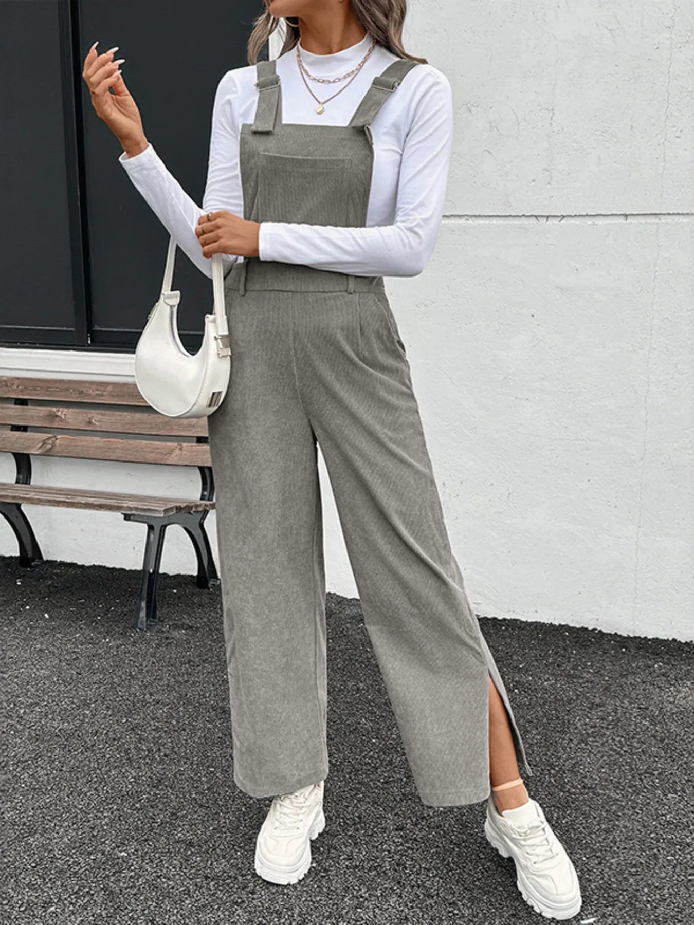 Slit Wide Leg Overalls with Pockets